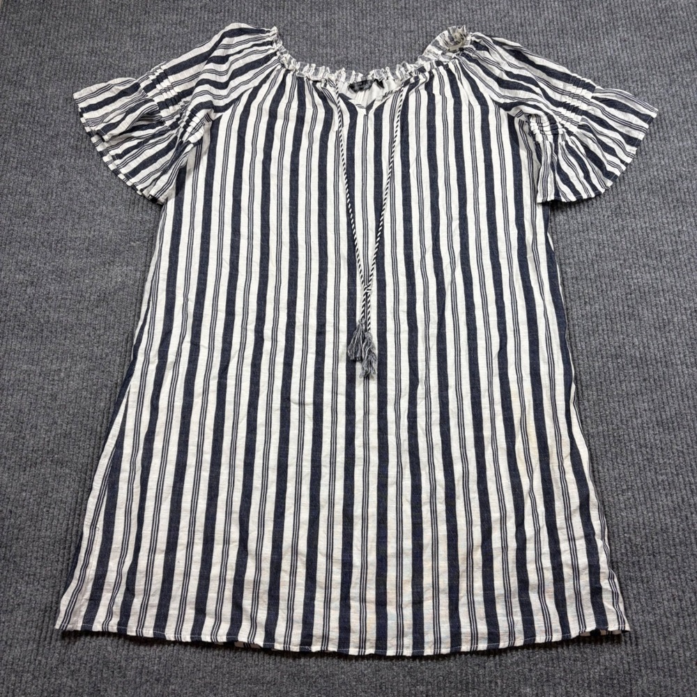 Mlle Gabrielle Dress Women M Navy White Striped Flutter Sleeve Tassel Top